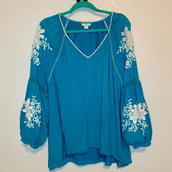 Sundance Naomi Isles Embroidered Boho Peasant Top Turquoise Blue Size Large - Picture 13 of 15